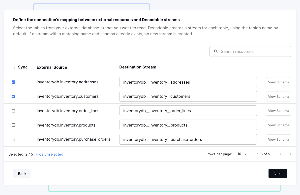 Selecting source tables in Decodable
